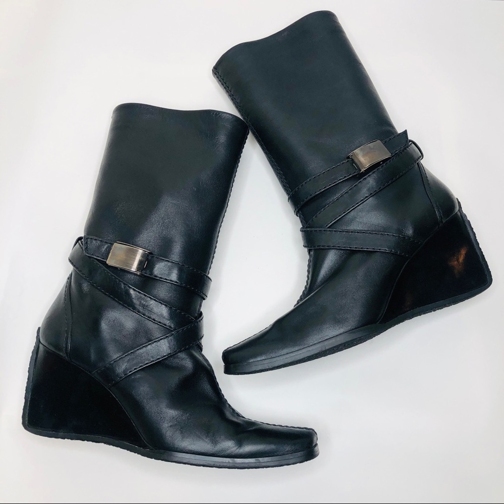 Stuart Weitzman Wrapumup Square Toe Wedge Black Leather Boots Women 9 M Dressy